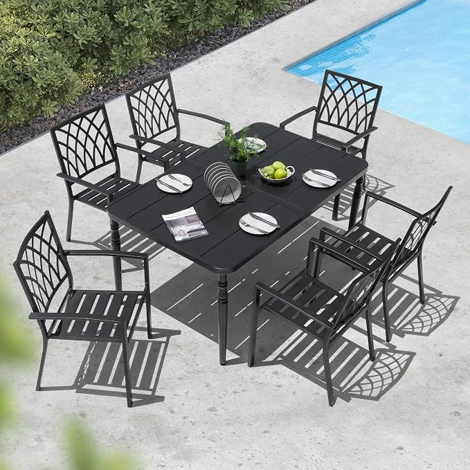 NUU GARDEN 7-Piece Outdoor Metal Dining Set, Well-Ventilated Patio Furniture Set Includes 61” x 37” Table and 6 Stackable Chairs with Lattice Pattern for Garden, Backyard, Poolside, Black