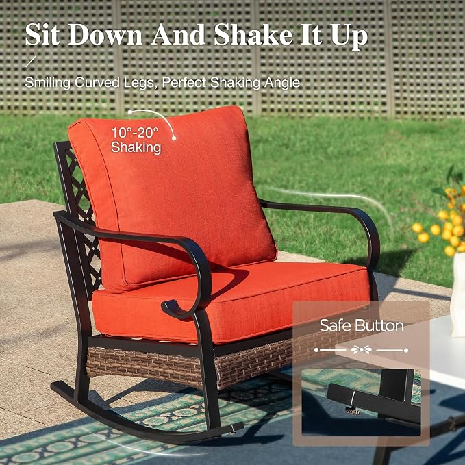 HERA'S HOUSE 4 Piece Metal Patio Furniture Set, All Weather Outdoor Conversation Set with 3 Seat Sofa, 2 Rocking Chairs & Coffee Table, Seats 5 for Backyard, Garden, Deck, Red