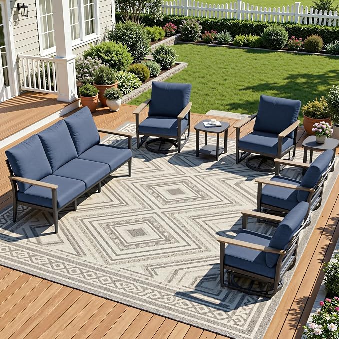 Aluminum Outdoor Patio Furniture Set with Swivel Rocking Chair 7-Seat, Patio Conversation Set Sectional Furniture Set with High Backrest & Thickened Cushions for Backyard, Navy Blue