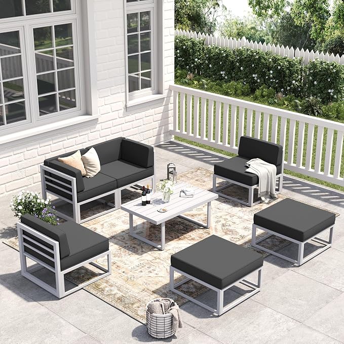 7 Piece Aluminum Patio Furniture Set with Waterproof Cover & 5" Thick Cushions, Aluminum Outdoor Sectional Conversation Set with Coffee Table Ottoman for Porch, Backyard(Light Grey/Grey)