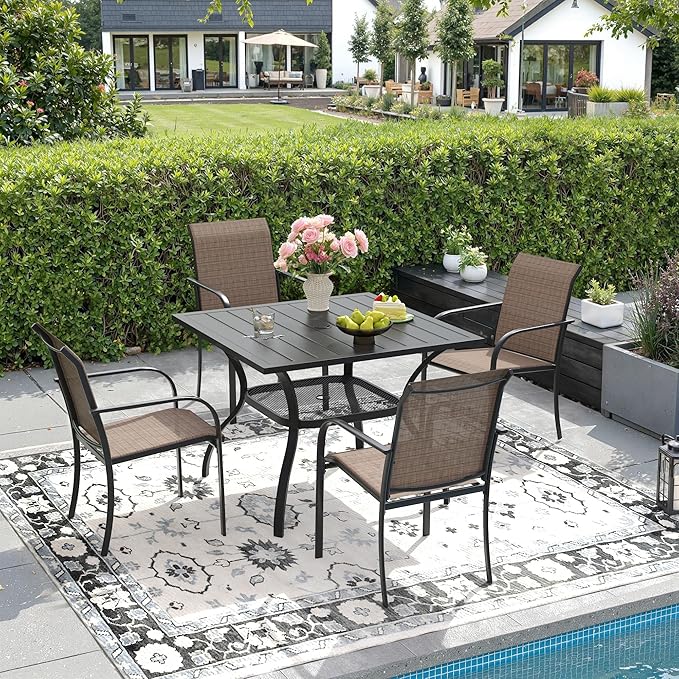 DIFY 5 Pieces Outdoor Dining Table Chair Set, Patio Dining Set with 1 Black Square Curved Legs Table with and Umbrella Hole & 4 Brown Stackable with Armrests Chairs for Lawn, Garden, Porch