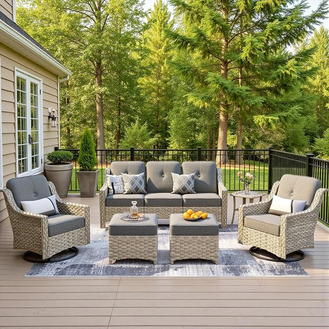 6 Piece Patio Furniture Set with Swivel Rocker Chairs, Outdoor Wicker High Back Sofa Glider Chair Ottoman with Cushion, All Weather Conversation Sets for Backyard Poolside Deck Dark Gray