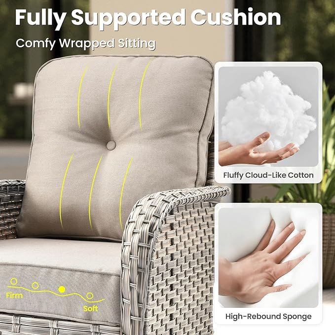ovios 8-Piece Patio Furniture Set with L-Shape Sofa Chaise, Outdoor Sectional Couch Swivel Gliders Fire Pit Table, Modern Modular Wicker Rattan Conversation Set, Beige