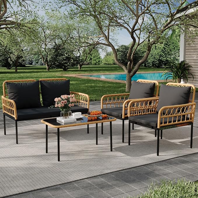 GarveeLife 4 Pieces Patio Furniture Sets Wicker Outdoor Patio Table and Chairs Set with Glass Side Table, Loveseat Chairs, Boho Rattan 4 Seater Conversation Sets for Backyard, Porch, Bistro, Black