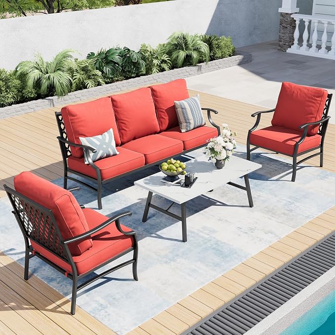 SUNSHINE VALLEY 4 Piece Metal Outdoor Patio Furniture Sets, Patio Conversation Sets 1 3-Seater Sofa, 2 Fixed Chair with 5.75" Extra Thick Cushion and Coffee Table, Black Frame Backyard Furniture, Red