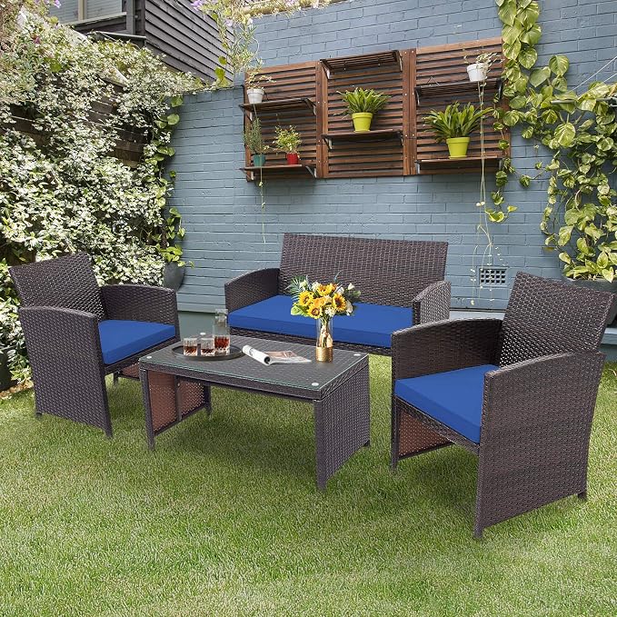 HAPPYGRILL Set of 4 Rattan Conversation Set Outdoor Wicker Furniture Set with Tempered Glass Coffee Table, Soft Cushions, Weather-Resistant Rattan Chair Set for Garden Backyard Poolside