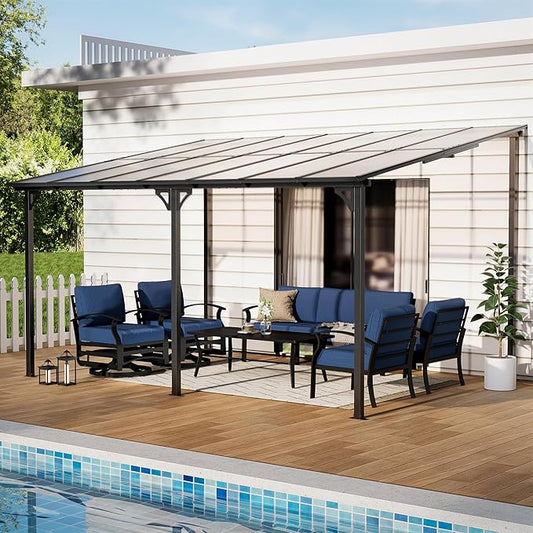 10' x 14' Lean to Gazeb,Hardtop Galvanized Steel Pergola with Sloped Polycarbonate Roof,Wall Mounted Gazebo Patio Canopy with Ground Anchor for Backyard Deck