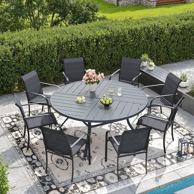 DIFY 9 Pieces Outdoor Patio Dining Set for 8, 53.1" Round Metal Dining Table and 8 Stackable Textilene Patio Chairs, Outdoor Table and Chairs for Backyard Garden Poolside, Grey