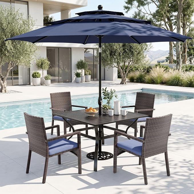 PHI VILLA 5pc Patio Dining Set with 10ft Blue Umbrella, 4 Rattan Chairs | Includes 37" square metal table, 4 cushioned rattan chairs, and 10ft blue umbrella. Perfect for patio, deck, yard, or porch