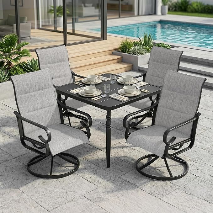 NUU GARDEN Outdoor Dining Set with Umbrella Hole, 5-Piece Patio Furniture Set with Slatted Table and 4 Swivel Padded Textilene Chairs, All-Weather Patio Dining Set, Light Gray
