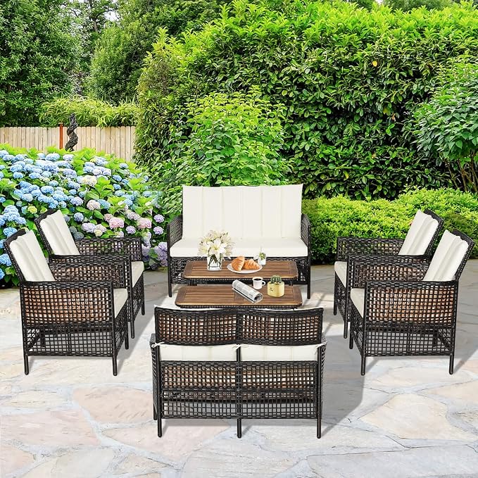 Tangkula 8 Pieces Patio Furniture Set, Outdoor PE Wicker Conversation Set with 2-Tier Coffee Table, Acacia Wood Tabletop & Extra Storage Shelf, Outdoor Furniture Sofa Set w/Cushions (2, Off White)