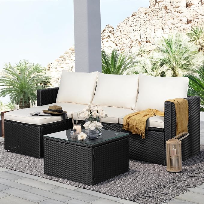 SUNLEI 3-Piece Patio Sectional Sofa, Patio Furniture Set with Detachable Soft Cushions, All Weather Outdoor PE Rattan Patio Conversation Sofa Set with Glass Coffee Table & Ottoman, Black Rattan/White