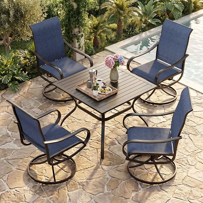 MFSTUDIO Patio Table and Chairs Set of 4, Outdoor Dining Set with Metal Table and Swivel Chairs, 5 Piece Patio Furniture Set for Deck/Backyard/Poolside/Garden
