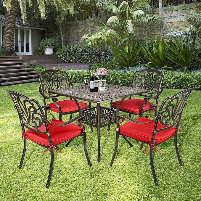 TITIMO 5-Piece Outdoor Patio Dining Set, Cast Aluminum Patio Furniture Set | 4 Pattern Chairs with Red Cushions and 35.4" Square Table, Cast Aluminum Conversation Set for Yard, Garden, Porch, Poolside