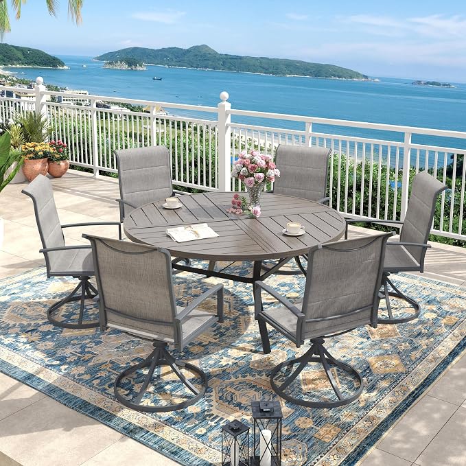 Outdoor Dining Set for 6, 50.1" Outdoor Dining Table with Umbrella Hole and Padded Textilene Patio Swivel Chairs, 7 Pieces Patio Table and Chairs Set for Garden Backyard, Grey