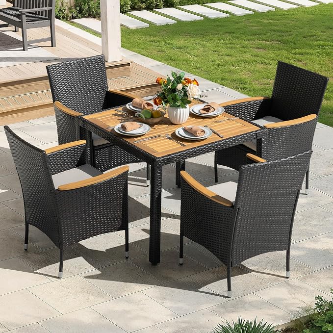 NUU GARDEN 5 Piece Patio Dining Set, Acacia Wood Table and Wicker Dining Chairs with Cushions, All Weather Outdoor Furniture for Balcony Garden Poolside, Black