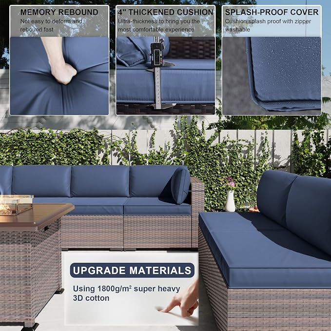 Kullavik 15PCS Outdoor Patio Furniture Set with 43" 55000BTU Gas Propane Fire Pit Table PE Wicker Rattan Sectional Sofa Patio Conversation Sets w/8 Coner Sofas,Navy Blue