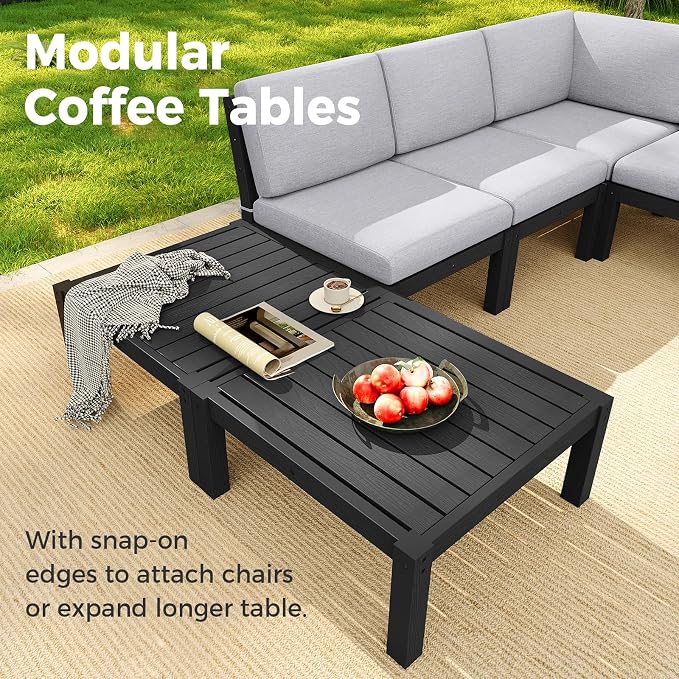Modular Outdoor Patio Furniture Coffee Table, HIPS All-Weather Outdoor Sectional Sofa Table, Side Interlock for Expansion, Patio Side Table for Backyard, Balcony, Deck (Black)