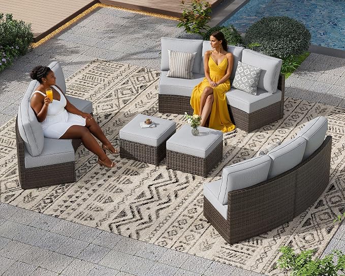 11 Piece Outdoor Patio Furniture Set, Half Moon Patio Sectional Set with Soft Cushions and Ottoman, All Weather Rattan Wicker Curved Outdoor Sofa for Backyard Patio Garden