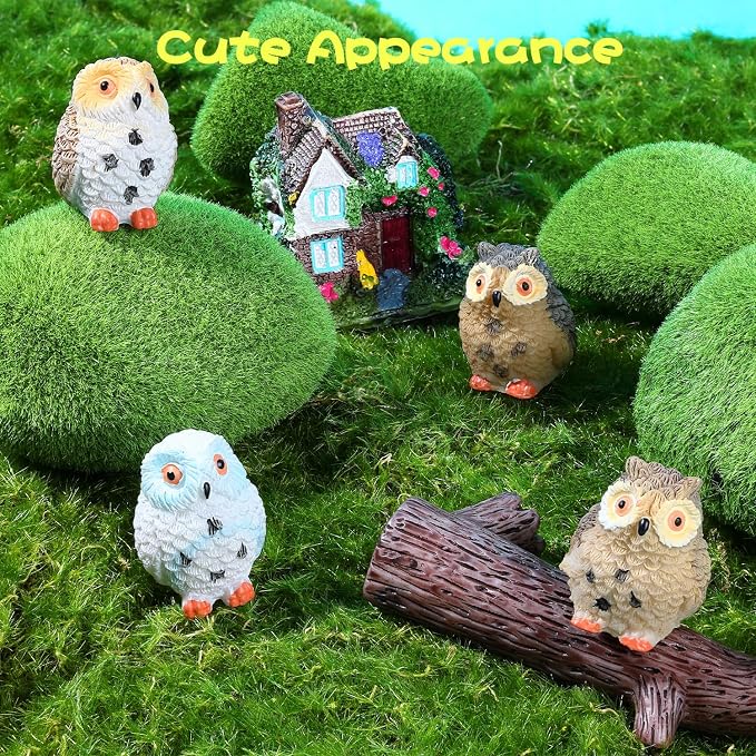 4pcs Mini Resin Owls and 1pcs Branch, Miniature Owl Figurines for Fairy Garden Accessories, Plant Pot, Bonsai Craft Decor, Cake Topper, DIY Home Micro Landscape Ornaments