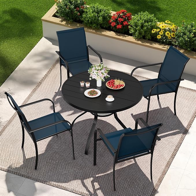 Incbruce 5 PCS Patio Dining Set, Outdoor Dining Set of 4 Textilene Chairs and 41" Round Table with Umbrella Hole for Backyard, Garden, and Poolside (Blue)