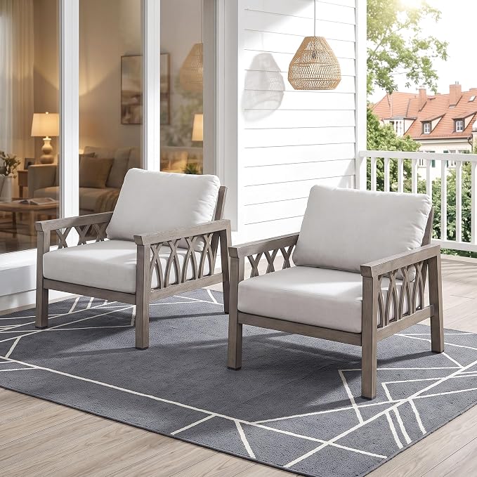 Outdoor Aluminum Armchairs Set of 2, Patio Sofa Chairs with Cushions, Deep Seating Outdoor Patio Club Chairs, Weather-Resistant Patio Furniture Set for Garden, Balcony, Limed Oak