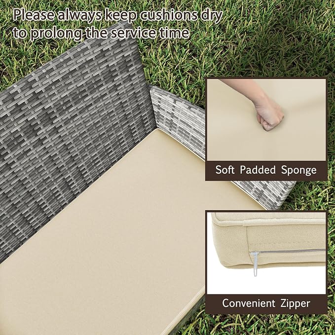 Tangkula 4 Pieces Patio Rattan Conversation Set, Outdoor Wicker Furniture Set with Cushioned Chair, Loveseat & Tempered Glass Table, Outside Sectional Sofa Set for Backyard (G-Beige,1)