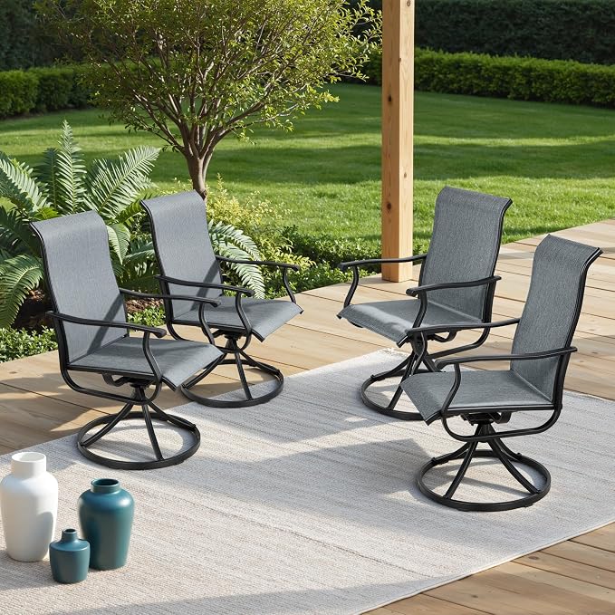 SUNCROWN Patio Swivel Rocker Dining Chairs Set of 4, All Weather High Back Textilene Outdoor Chairs with Sturdy Metal Frame, Swivel Rocking Patio Chairs for Backyard Lawn Garden Porch Deck, Dark Grey