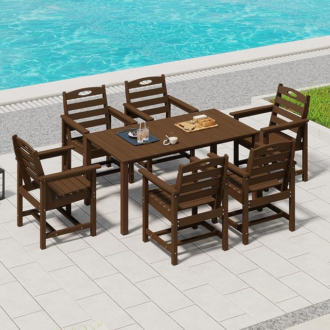 Domi HDPE Outdoor Dining Set, All-Weather 7 Piece Outdoor Dining Table Set with 2" Umbrella Hole, Outdoor Patio Dining Set for Garden, Poolside, Backyard, Deck, Brown