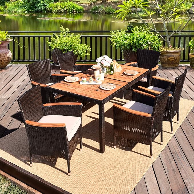 7 Pieces Patio Wicker Dining Set Outdoor Dining Set, Patio Furniture Set with Acacia Wood Table and Chairs, Garden Dining Table Set for Desk, Poolside, Backyard (Brown)