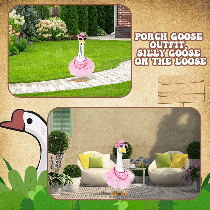 6pcs Pink Princess Porch Goose Outfits for 17-23 Inches Lawn Goose | Tutu Skirt Cowboy Hat Glasses Necklaces Wooden Sign for Outdoor Garden Lawn Art Decor