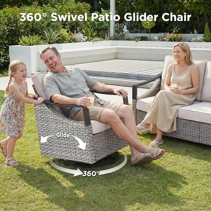 10 Piece Wicker Patio Furniture Sets-High Back Wicker Swivel Rocker Patio Chairs Set of 4 with Thick Cushions Ottomans, Outdoor Sofa, Patio Conversation Sets for Porch Balcony Patio Deck Grey/Beige