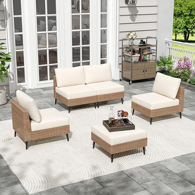 LVUYOYO 5 Pieces Outdoor Patio Furniture Set, Wicker Sectional Sofa Couch, Rattan Conversation Sets with Cushions for Deck, Backyard, Porch (Khaki)