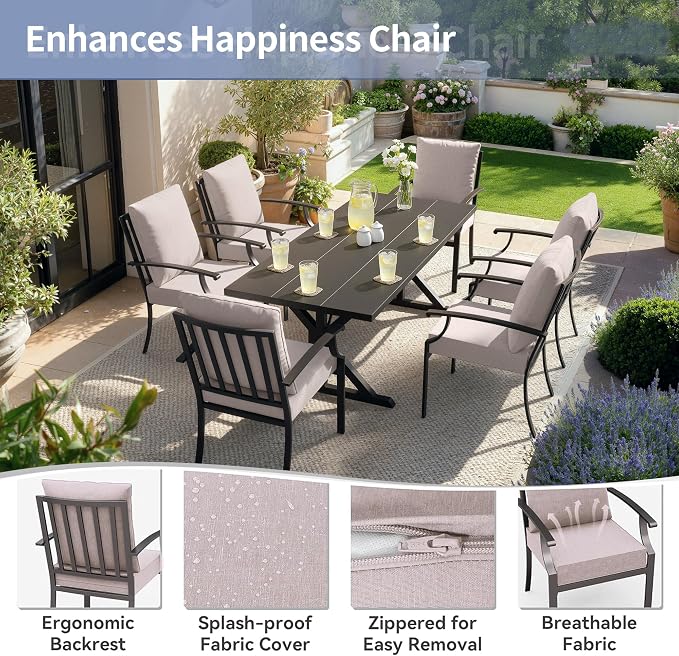 Kullavik 7 Pcs Outdoor Dining Set,Patio Dining Table and Chairs Set for 6,Fence Pattern Back Chairs with Thickened Cushions & X-Frame Metal Dining Table with Umbrella Hole for Patio,Sand