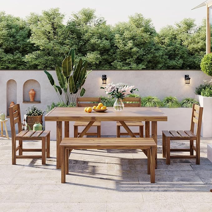 6 Person Outdoor Acacia Wood Dining Table Set, All Weather 6 Pieces Conversation Set, 60'' Rectangle Dining Table with 4 Chairs and Bench for Patio Backyard Garden Poolside Balcony (Natural-26)