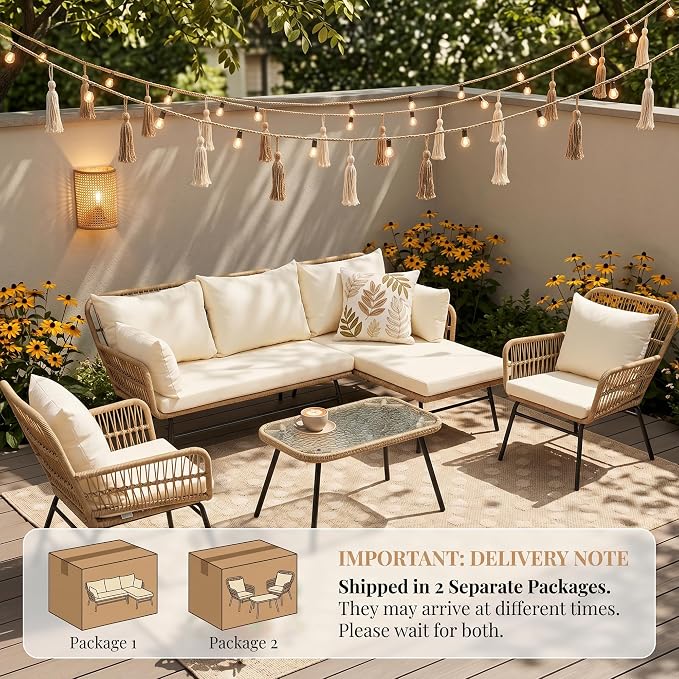 RADIATA 5 Pieces Outdoor Patio Boho Furniture Set, High Back Wicker Conversation Set with Side Table, Sturdy Rattan Sofa and Chair for Balcony Porch Deck Garden, Beige