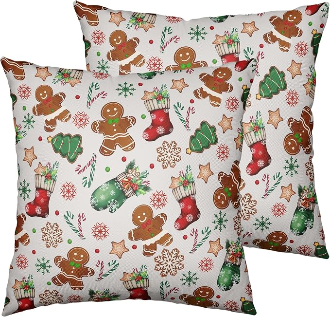 Christmas Pillow Covers 18x18 Set of 2 Gingerbread Man Throw Pillow Covers Xmas Tree Socks Gloves Snowflakes Pillow Case for Holiday Decor Couch Sofa