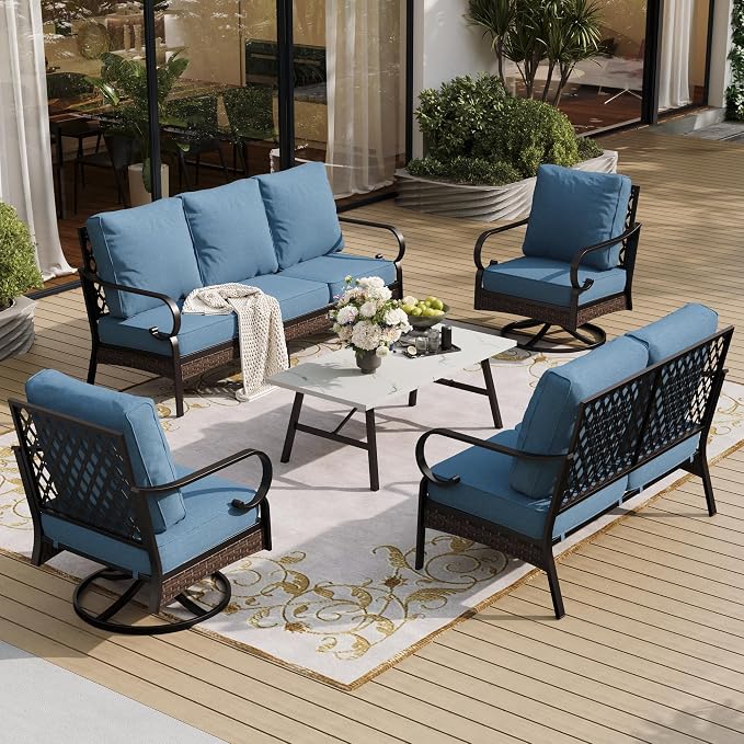 SUNSHINE VALLEY 5 Piece Metal Outdoor Patio Furniture Set, Patio Conversation Setsv with 3-Seater Sofa, Loveseat, 2 Fixed Sofa (5.75" Thick Cushion) & Coffee Table Black Backyard Furniture, Denim Blue
