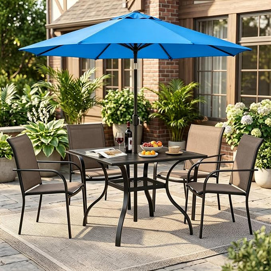 Crownland 5 Piece Patio Dining Set, Outdoor Textilene Dining Sets, 4 Textilene Metal Chairs and Square Outdoor Dining Table with Sky Blue 9FT Round Outdoor Umbrella (Brown)