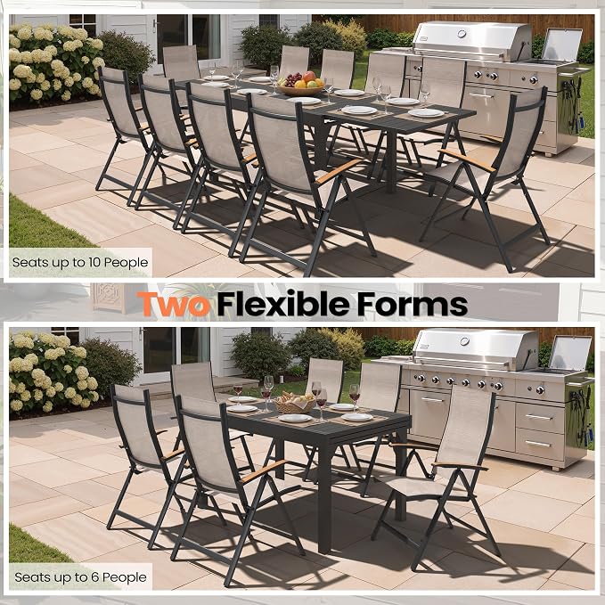 Pellebant 11 Piece Aluminum Outdoor Dining Set for 6-10 Person, 53" - 106" Expandable Outdoor Dining Table and 10 Foldable Chairs, Weather Resistant Outdoor Furniture Set for Deck, Porch & Backyard