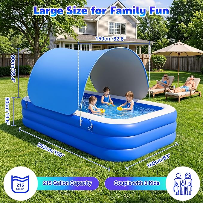 MoKo Inflatable Swimming Pool with Canopy, Large Blow Up Pool with Shade for Adults Kids Kiddie Toddler, 102" × 65" × 23" Big Foldable Family Above Ground Pools for Backyard Garden, Blue/White