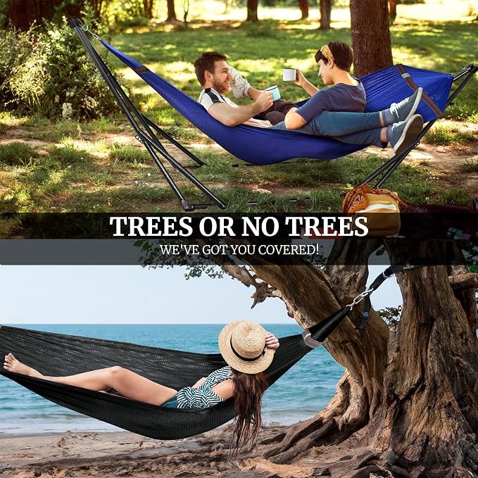 Tranquillo Combo x2 Hammocks with Stand for Outside & Tree Straps, Heavy Duty Hammock with Stand 600lbs for Indoor Outdoor Patio Backyard, x2 Hammocks for 2 Person (Combo - Blue, Medium)