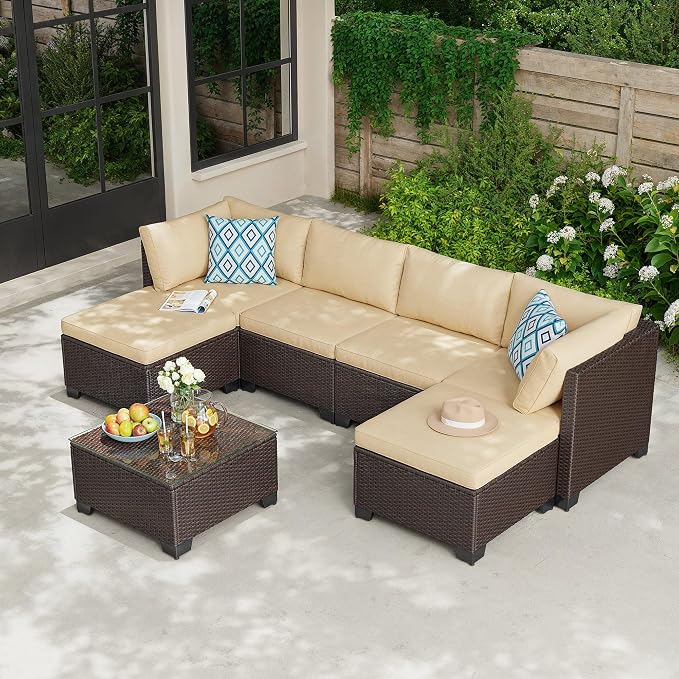 Gizoon 7 Pieces Outdoor Patio Furniture Set, All-Weather PE Rattan Wicker Sectional Sofa Seating with Waterproof Cushions and Coffee Table, Outdoor Conversation Set for Garden, Backyard, Balcony