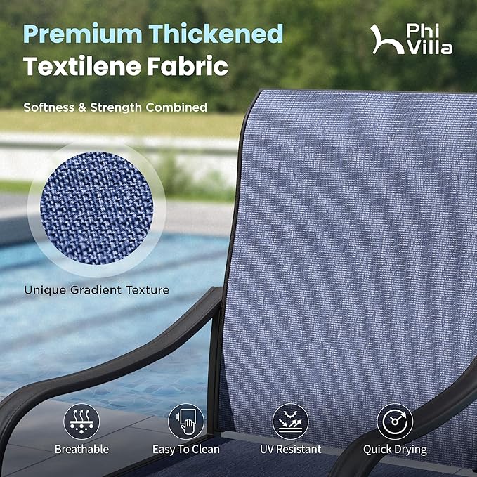 PHI VILLA 9 Piece Outdoor Dining Set, 82'' Metal Table & Blue Swivel Chairs | Textilene mesh chairs and large rectangle table. All-weather patio furniture set designed for patio, deck, backyard