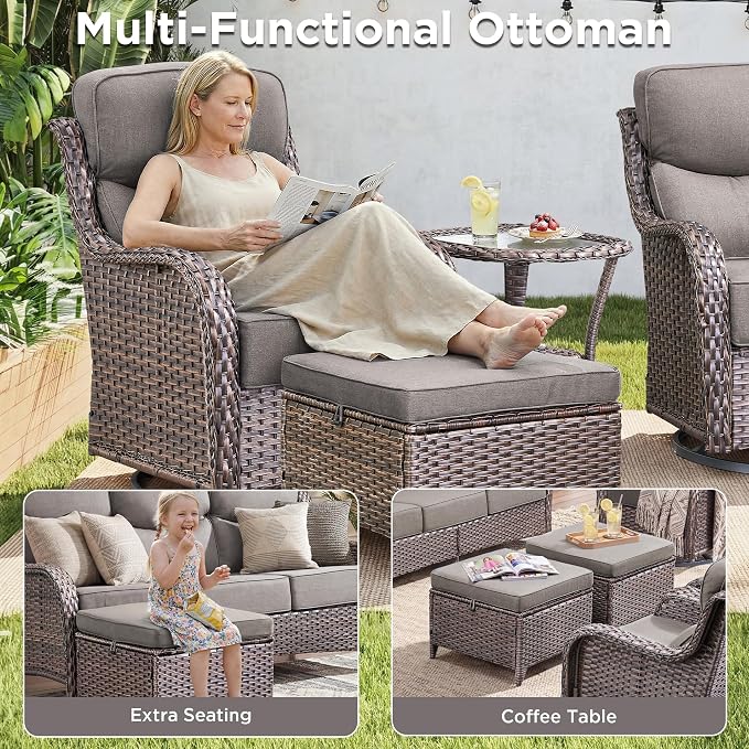 Luxury 5 Pieces Patio Furniture Set-Outdoor Swivel Rocker Patio Chairs with 6" Thick Cushions, Swivel Rocker Chairs with Ottomans & Side Table, Outdoor Conversation Sets for Porch Deck(Brown/Grey)