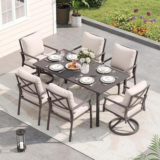 HAPPATIO Patio Dining Set, Powder-Coated Metal Outdoor Table and Chairs Set for 6,4 Chairs and 2 Swivel Rockers with Thick Cushions, 60" Rectangular Table with 1.5" Umbrella Hole for Deck Backyard