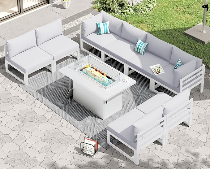 RADIATA 9 Piece Luxury Aluminum Outdoor Sectional Sofa with Fire Pit Table, Extra Large L Shaped Patio Furniture Set, 29 inch Deep Wide Seating, Comfortable Durable Conversation Set for 500 lbs, White