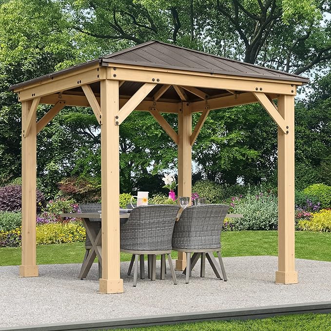 Yardistry 8 x 8 Meridian Cedar Wood Gazebo Pavilion for Patios, Decks, Garden, Backyard, Durable, Aluminum Roof
