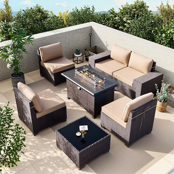 Gotland 7 Pieces Patio Furniture Set with 55000BTU Fire Pit Table, Wicker Patio Set with Wide Armrests 29.5'' High Backrest Thick Cushions 1 Coffee Table, Outdoor Furniture for Porch Deck Khaki