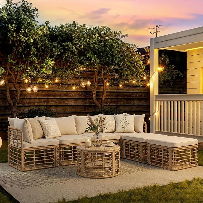 7 Pieces Outdoor Patio Furniture Set, All-Weather Rattan Sectional Sofa Set with Thick Cushions and Pillows, Round Coffee Table, Freely Combined Conversation Sets for Garden, Backyard (Beige * 104)